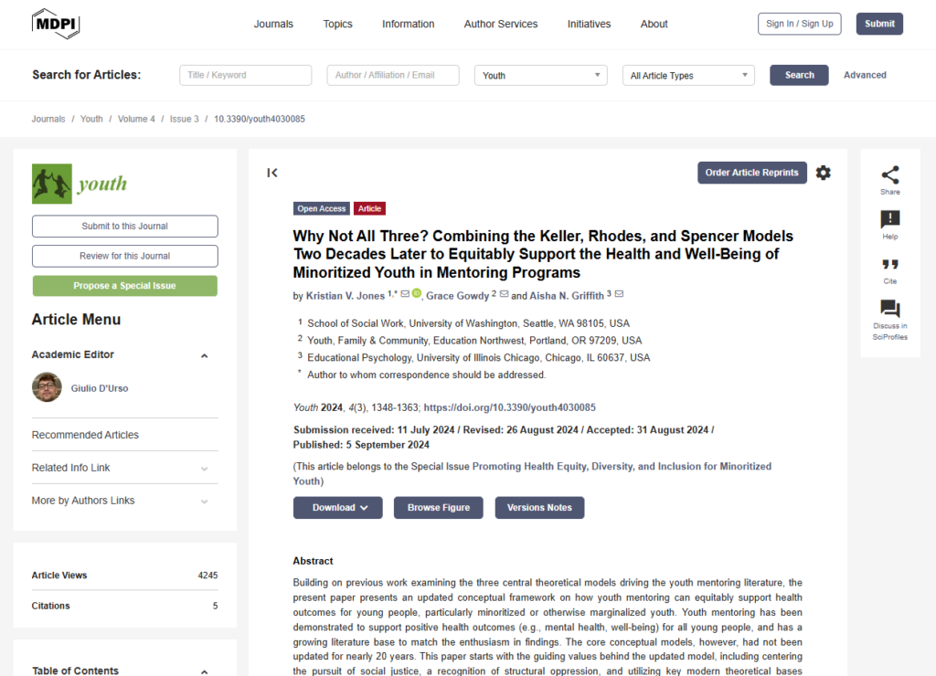 Why Not All Three? Combining the Keller, Rhodes, and Spencer Models Two Decades Later to Equitably Support the Health and Well-Being of Minoritized Youth in Mentoring Programs